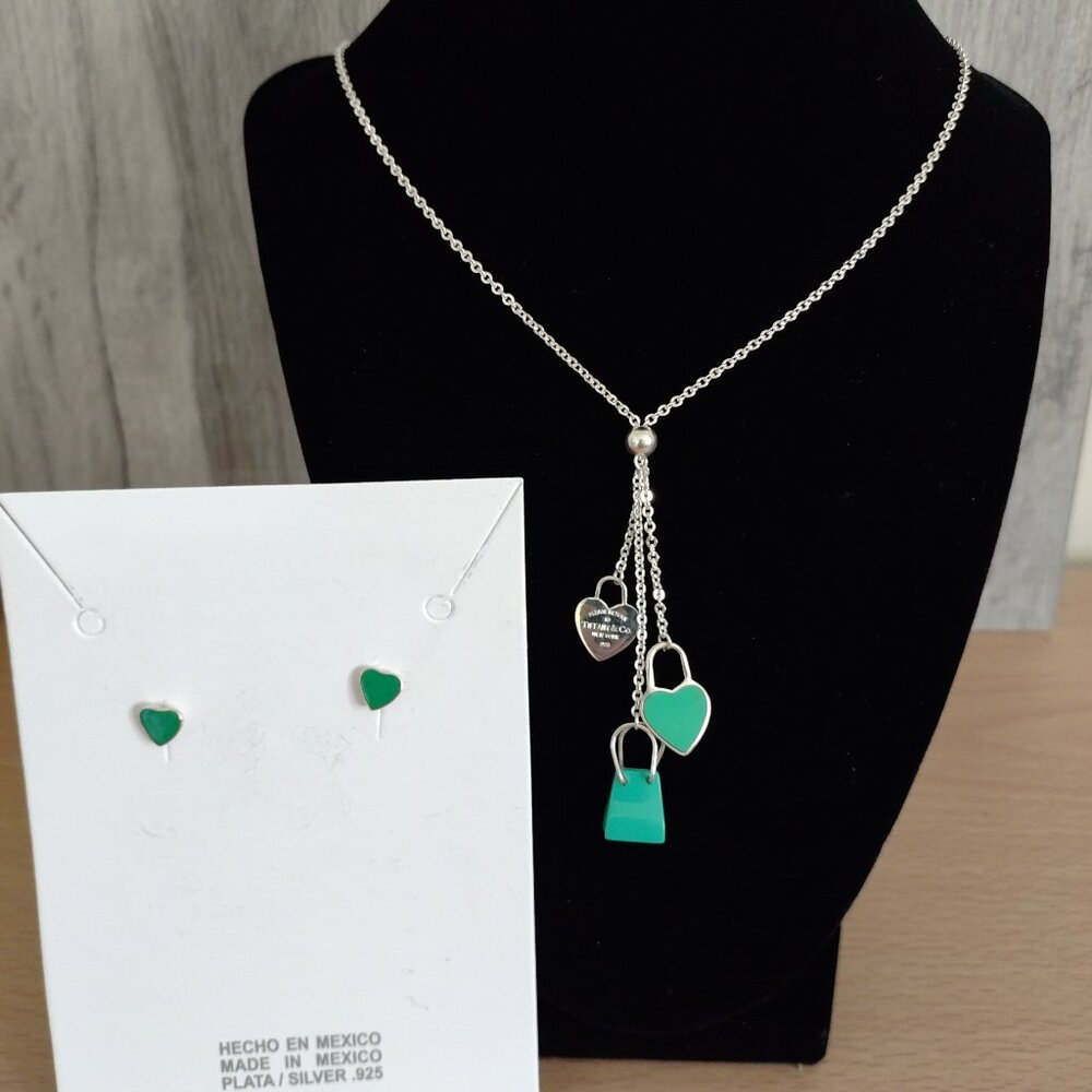 Teal Charms Necklace and Earrings Set Taxco Sterling Silver 925